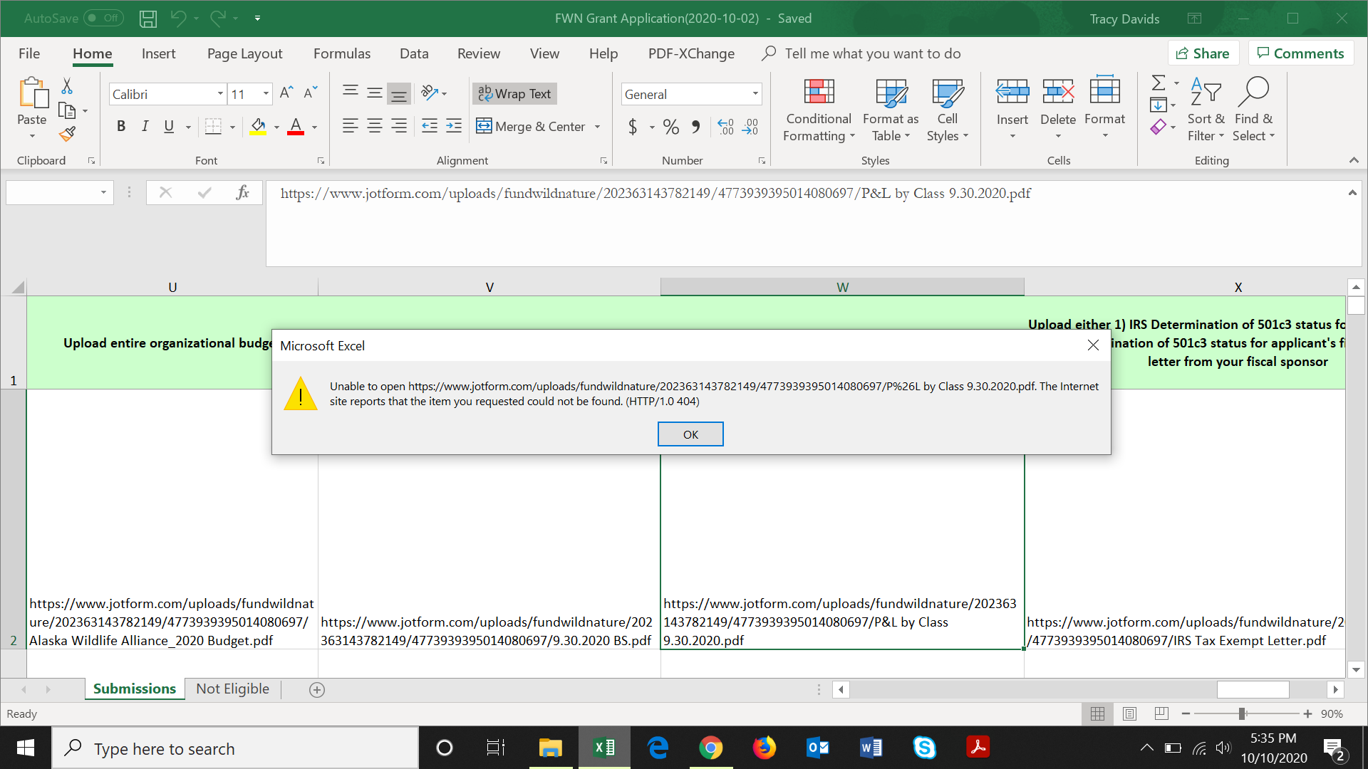 I downloaded all submissions to Excel; how do I get the links to my